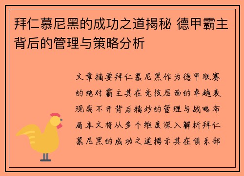 拜仁慕尼黑的成功之道揭秘 德甲霸主背后的管理与策略分析