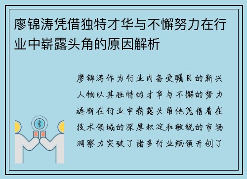 廖锦涛凭借独特才华与不懈努力在行业中崭露头角的原因解析