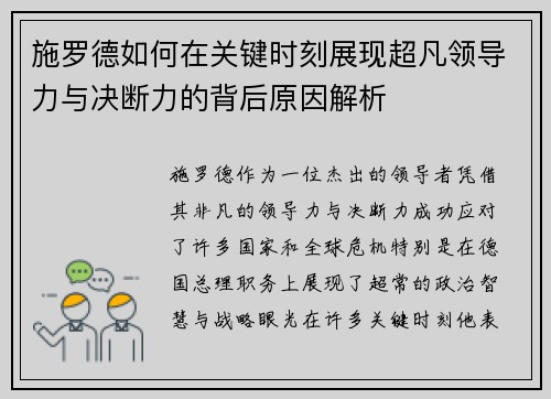 施罗德如何在关键时刻展现超凡领导力与决断力的背后原因解析