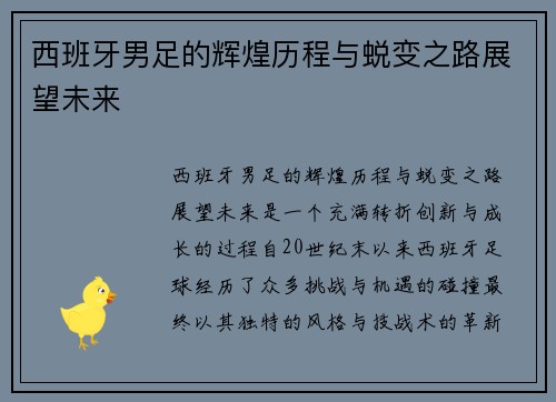西班牙男足的辉煌历程与蜕变之路展望未来